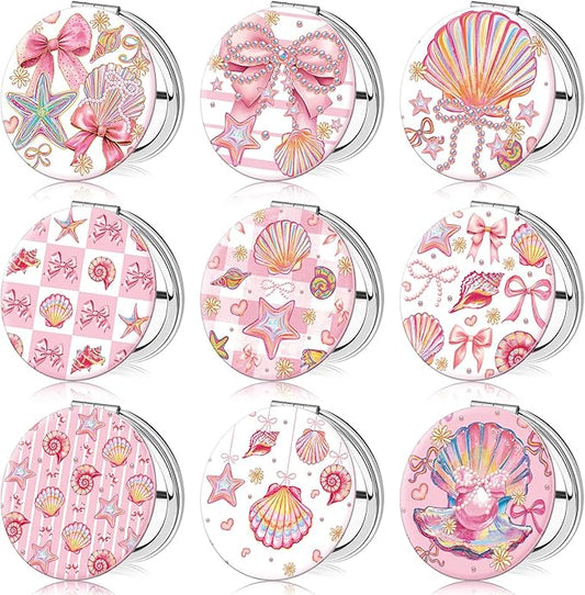 Weysat 9 Pcs Pink Seashell Bow Compact Mirrors Double Sided Magnifying Makeup Mirrors with PU Leather Case Portable Pocket Mirror for Women Girl Mother's Day Wedding Bridesmaids Gifts