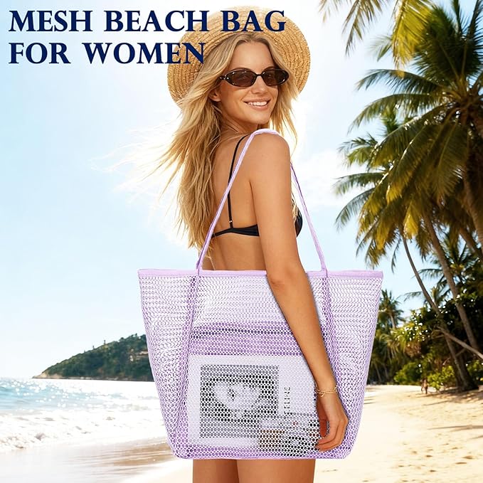 Mesh Beach Bag, Large Beach Tote with Zipper Pocket, Toys Pool Bag for Family Travel Vacation Cruise Essentials
