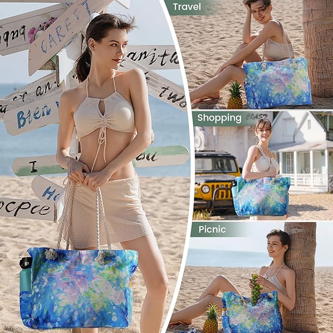 Clothirily Beach Bag for Women - Large Beach Tote Bag, Waterproof Sandproof Beach Bag with Zipper, Large Swim Pool Beach Tote