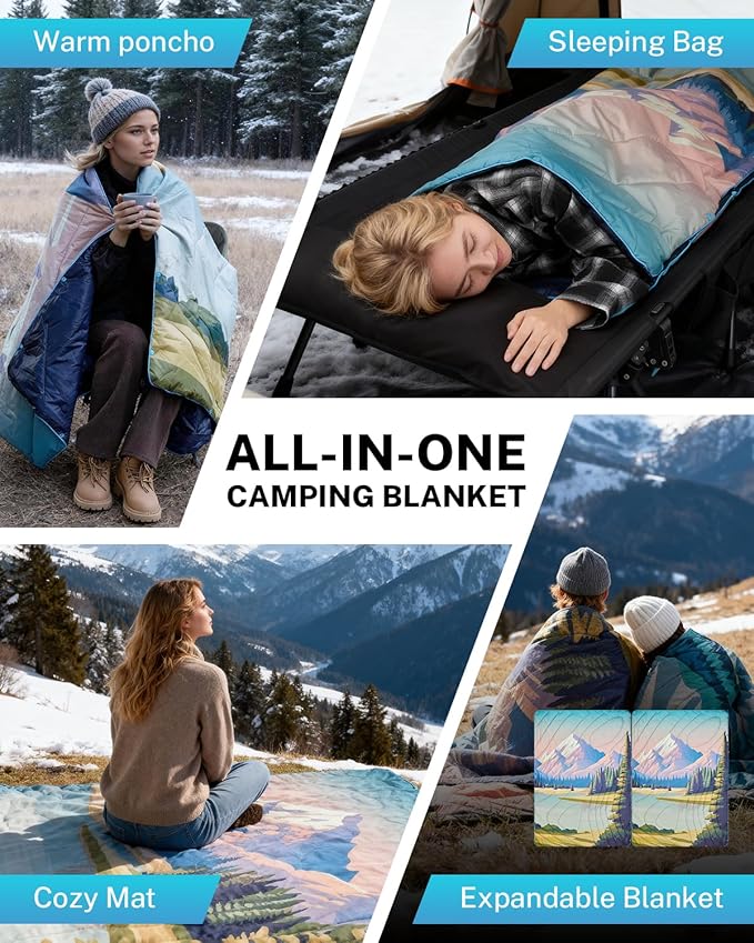 Gonex Camping Blanket with Aero-Warmth Tech Layer, Puffy Printed Packable Blanket Ultralight & Warm Wearable Water-Resistant Quilt for Outdoor, Camping, Hiking, Travel, Picnics 79" X 55" (Landscape)