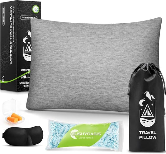 All-in-1 Travel Pillow Set - Shredded Memory Foam Neck Pillow Camping Pillow with Eye Mask, Earplugs, Washable Cover, Compact for Backpacking, Camping, Flights, Car Travel (Small Size)