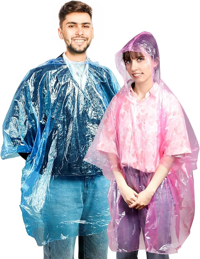 20 Pack Disposable Rain Ponchos for Adults, Clear Plastic Emergency Raincoats with Hood, Individually Wrapped Bulk Rain Ponchos Waterproof Family Pack Camping