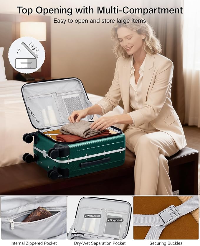 Hanke 24 Inch Checked Luggage Front Opening Rolling Suitcase Hard Sided Luggage with Spinner Wheels Travel Luggagefor Woman Men.(Dark Green)