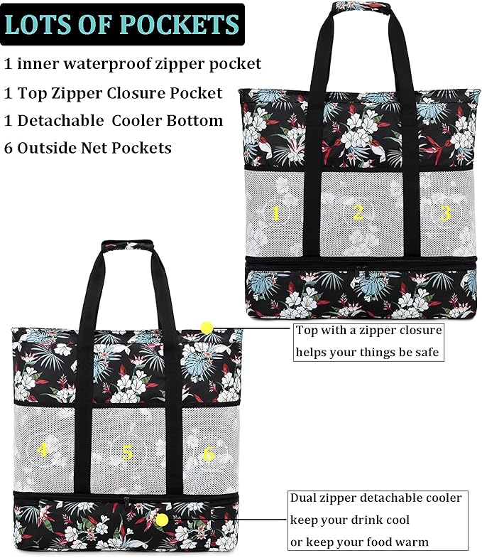 JIANYA Beach Bag Women Waterproof Sandproof Beach Tote Bags with Cooler Top Zipper Large Totes for Pool Travel Daily
