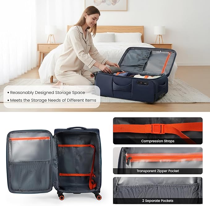 28 inch Luggage with Spinner Wheels,Large Softside Expandable 20% Checked Luggage w/TSA LOCK,Lightweight Durable Rolling Luggage for Men/Women（Navy,28in）