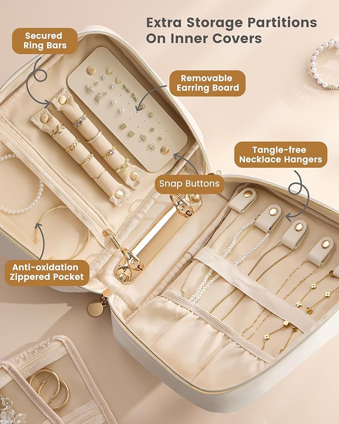 Lolalet Travel Jewelry Organizer Case, Large Jewelry Binder Book with Individual Pouches, Portable Leather Zippered Bag for Jewelry Storage of Earring, Ring & Necklace for Girls, Women -Beige