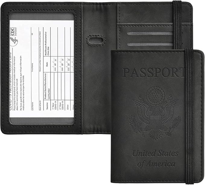 HerriaT Passport and Vaccine Card Holder Combo,Cover Case with CDC Vaccination Card Slot, Leather Travel Documents Organizer Protector, with RFID Blocking, for Women and Men