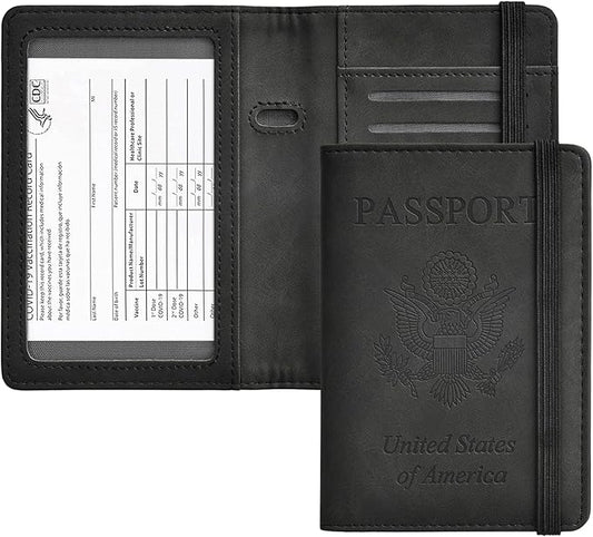 HerriaT Passport and Vaccine Card Holder Combo,Cover Case with CDC Vaccination Card Slot, Leather Travel Documents Organizer Protector, with RFID Blocking, for Women and Men