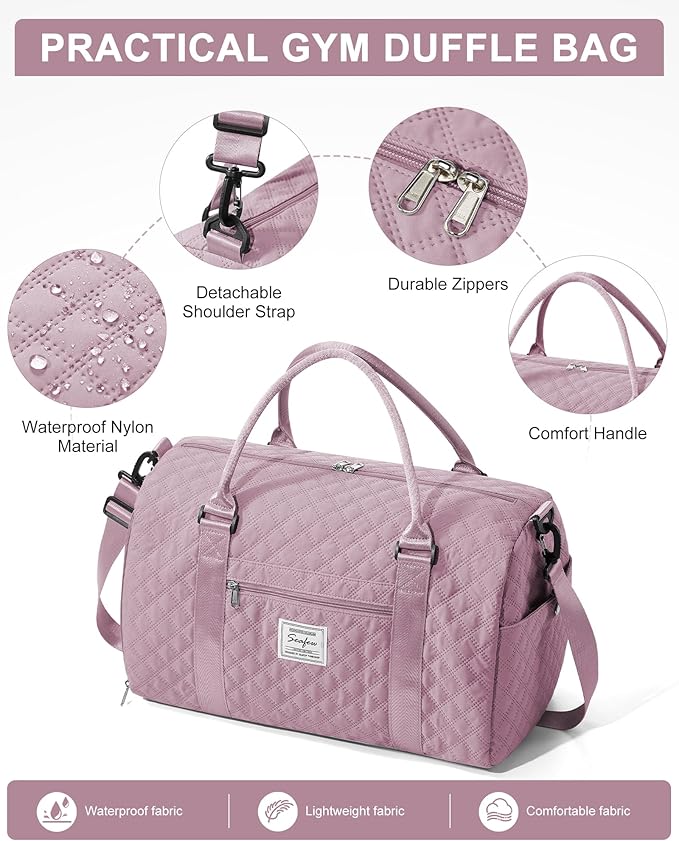 Gym Duffle Bag for Women with Shoe Compartment Waterproof Travel Tote Bags Personal Item Carry On Weekender Overnight Bags with Toiletry Bag Swimming Yoga Bags Hospital Holdalls Purple