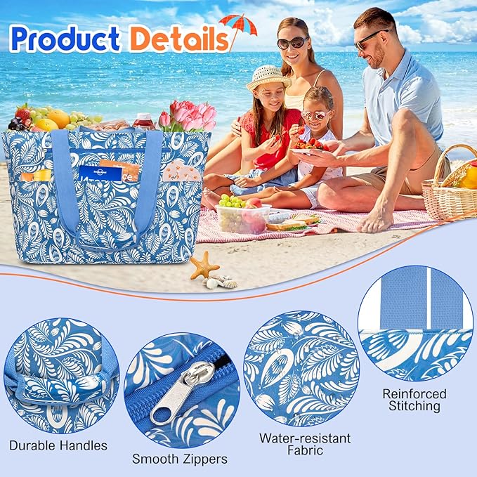 BKNOOU Extra Large Beach Bags Waterproof Sandproof XL Beach Tote Bag for Women Zipper Foldable Swim Pool Bag with Wet Pocket