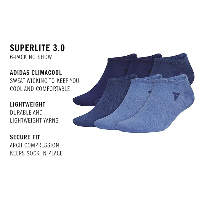 adidas Men's Superlite No Show Socks (6 Pairs) Lightweight & Breathable