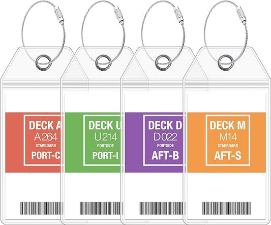 Cruise On Cruise Luggage Tag Holder [4 Pack] - Fits All Carnival & Seabourn Ships & Tags - Cruise Essentials 2026 & 2027 - Waterproof & Clear Luggage Tags