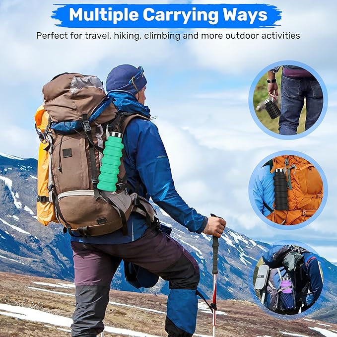 Collapsible Water Bottle, 16oz Portable Reusable Silicone Water Bottle, BPA-Free Leak-Proof Foldable Design with Carabiner, Lightweight Durable for Gym, Travel, Camping, Hiking, Sports, Light Blue