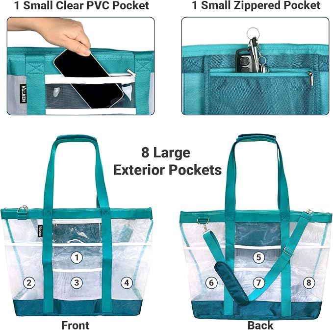 Vulken 42L Extra Large Mesh Beach Bag. 9 Pockets Top Zip Tote Bag Shoulder Bag