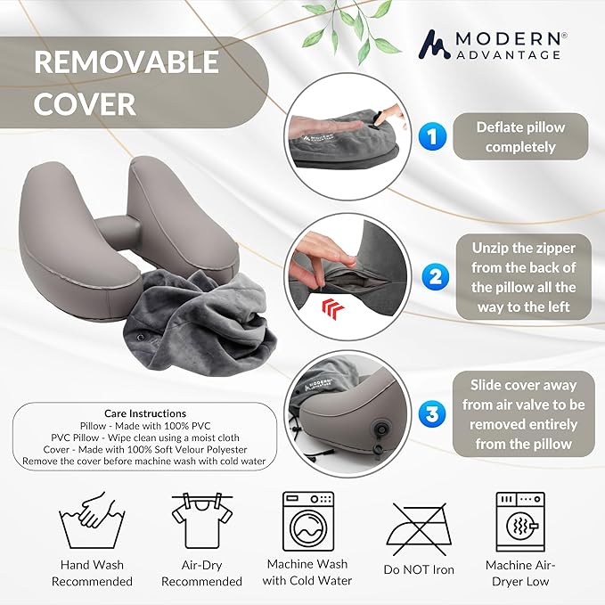 Modern Advantage Inflatable Travel Pillow for Airplanes with Comfort Hood, Adjustable Neck Support, Lightweight & Compact Flight Pillow for Sleeping on Long Flights & Travel (Grey)