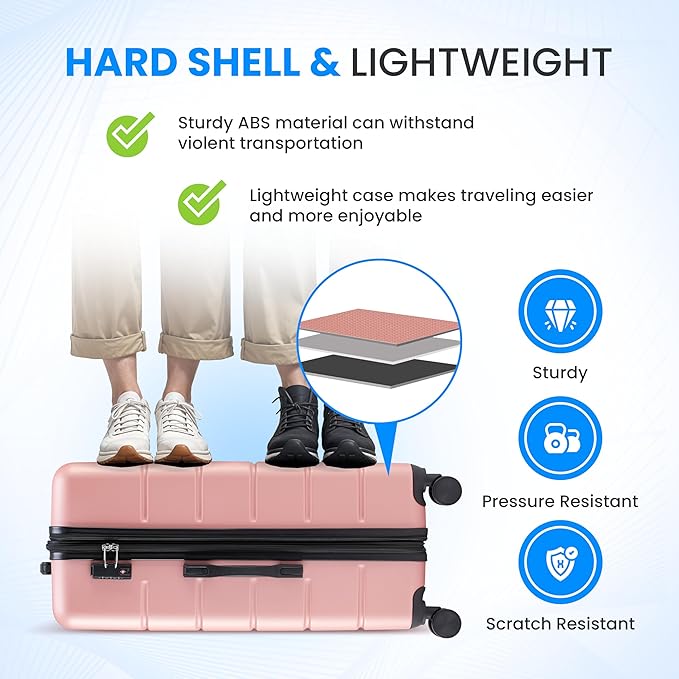 Simple Deluxe 28 Inch Expandable Hardside Carry On with Spinner Wheels & TSA Lock, ABS Hard Shell Lightweight Rolling Luggage Suitcase, Pink