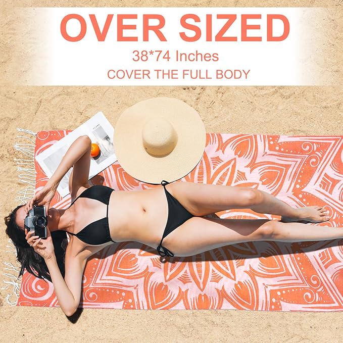 Oversized Cotton Turkish Beach Towels 72"x36" Lightweight Quick Dry Sandless Pool Swim Towel Large No Sand Compact Blanket Adult Travel Essentials Cruise Accessories Must Haves Orange Boho Mandala
