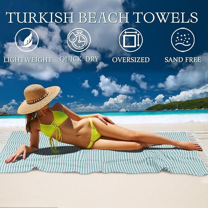 Turkish Striped Beach Towels Bulk Oversized 39"x71" Large Bath and Pool Set Quick Dry Lightweight Travel Towel for Adult,100% Cotton TEBT-18-1skyblue