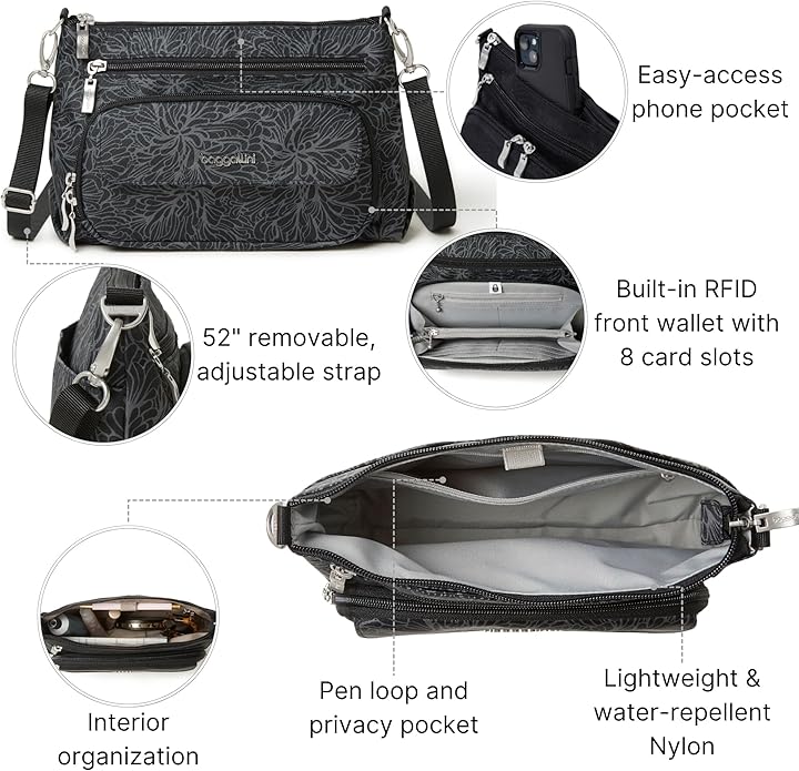 Baggallini Original Everyday 11x7.5 Crossbody Bags Rfid Protected Lightweight Nylon Zippered Travel Purse