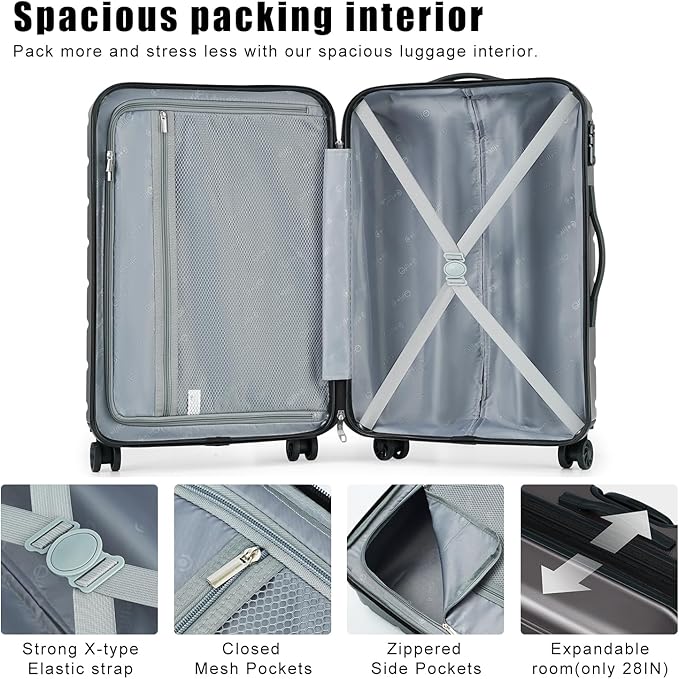 Coolife Luggage 3 Piece Set Suitcase Spinner ABS+PC Hardshell Lightweight TSA Lock USB Port, 20in 24in 28in Carry on Expandable (only 28’’), Gray