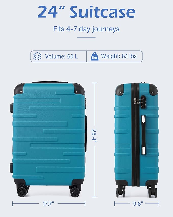 Coolife Hardside Checked Luggage with TSA Lock, Spinner Wheels, Telescopic Handle, Lightweight Suitcase (Purple, M(24in))