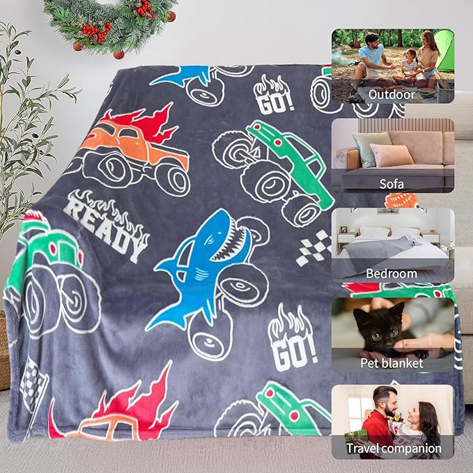 Glow in The Dark Monster Truck Blanket for Boys/Girls/Kids/Toddler/Baby, Monster Truck Toys for Boy Age 3-12, Car Blanket for Birthday/Gifts 40"x 50"