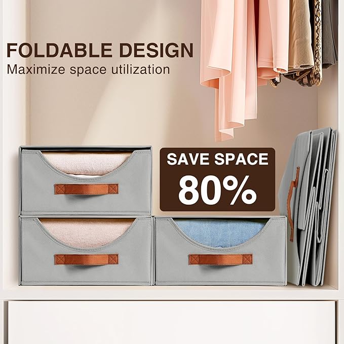 Stackable Storage Drawers - Large Collapsible Storage Bins with Drawers, 8 Pack Closet Shelf Organizer Basket, Fabric Pull Out Organizer for Bedroom, Living Room, Dorm, Grey