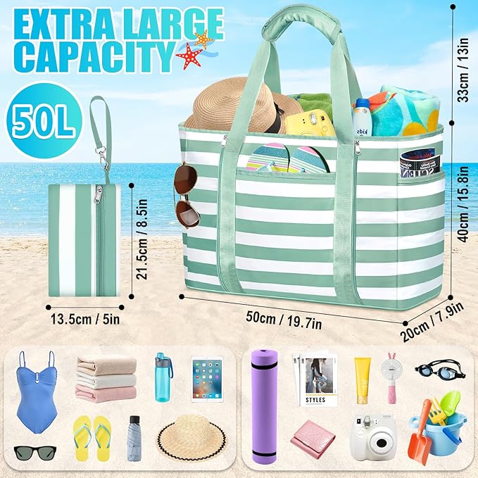 Extra Large Beach Bags for Women, Waterproof Sandproof Beach Tote Bag Foldable Swim Pool Bag with Zipper and Wet Pocket
