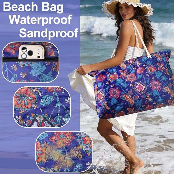CaCTOUR Large Beach Bag Women,Beach Bags Waterproof Sandproof with Zipper Wet Pocket,Beach Tote Pool Bag for Swim Gym Travel