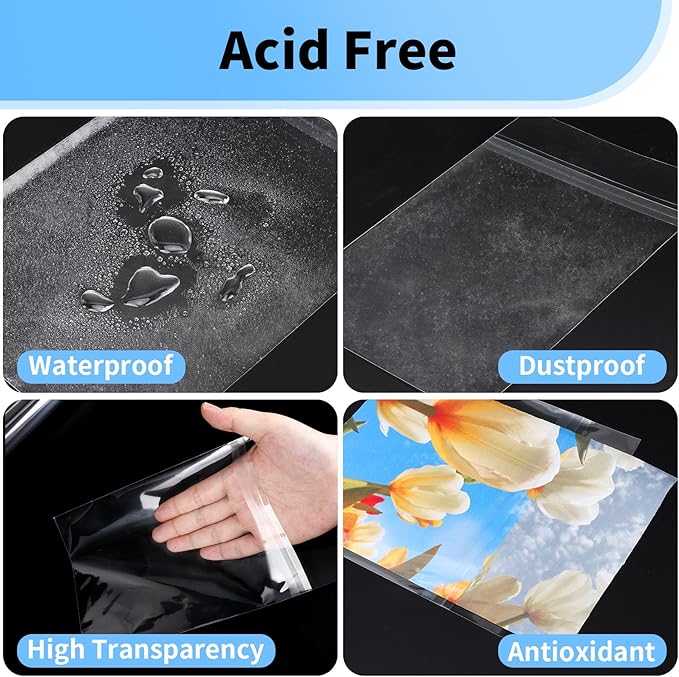 5x7 Photo Sleeves - Acid Free 1.57 mil (Single Side) Thick Heavy Duty 5x7 Cellophane Bags Self Adhesive Crystal Clear Plastic Sleeves for Photo Paper Cardstock, 25 Pack