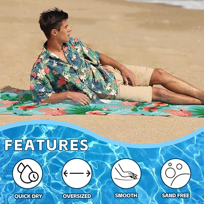 Flamingos Beach Towel,Tropical Pink Flamingos and Jungle Palm Leaves Lightweight Compact Sand Free Quick Dry Oversized Pool Swimming Towels for Girls Women Adults,29.5"×59"
