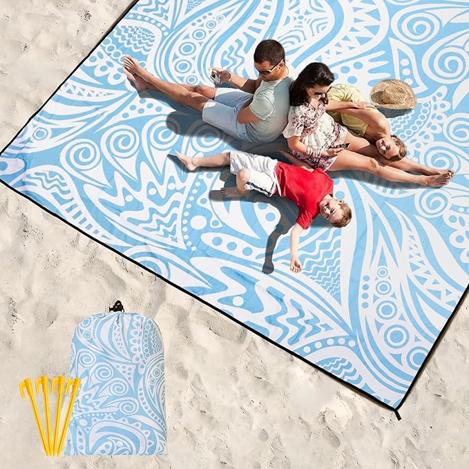 Beach Blanket Waterproof Sandproof Beach Mat 79”x 83” for 1-8 Adults Quick Drying Durable Outdoor Picnic Mat for Beach Festival Travel Camping Hiking (Flower Ripple-BL, 79"×83"(4 Person))
