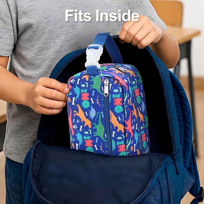 Bagseri Kids Snack Bag Boys - Small Reusable Mini Cooler Pouch, Insulated 3.9L Food Carrier with Buckle Handle for School and Daycare, Fits in Backpack, Blue Dinosaur