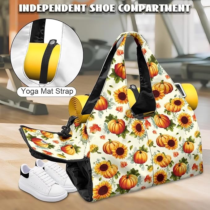 Autumn Sunflower Pumpkin Duffle Bag for Gym Sports Women Carry On Weekender Bag with Shoe Compartment for Yoga Travel Hiking Duffel Overnight Weekender Fall Thanksgiving Decor Gifts