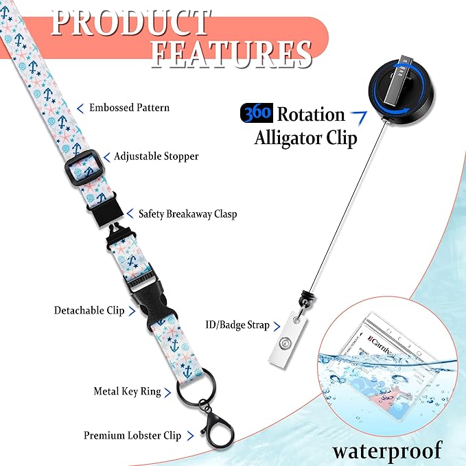 Kaptron Cruise Lanyard For Ship Cards: 2 Pack Adjustable Lanyard with Badge Reel Waterproof ID Holder & Phone Tether Tab