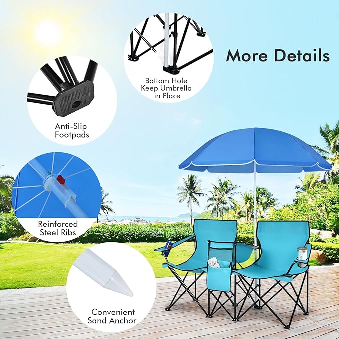 COSTWAY Double Portable Picnic Chairs, Folding Camping Chairs w/Detachable Umbrella, Cooler Bag, Cup Holders, Patio Beach Camping Chairs for Outdoors