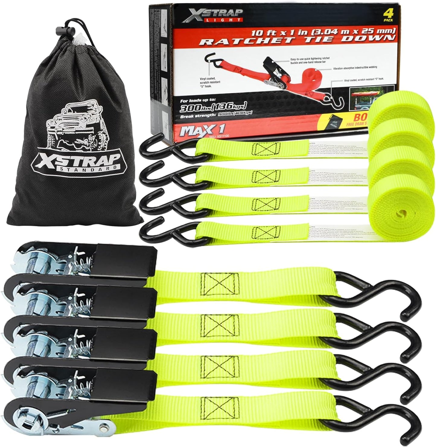 XSTRAP STANDARD Ratchet Tie Down Straps 4 Pk 10 Ft- 300 Lbs Load Cap- 900 Lbs Break Strength-Cargo Straps for UTV, ATV, Pickup,Truck, Moving Appliances, Lawn Equipment, Yellow