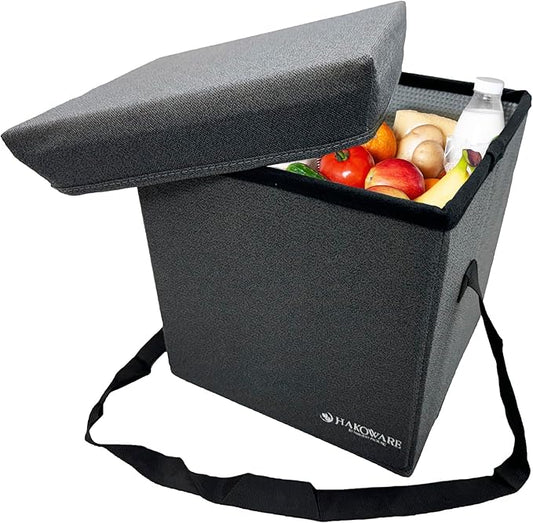 HAKOWARE 12"x12"x12" Gray Collapsible Soft Cooler Seat, Insulated, Portable, Foldable Box for Hot and Cold Food Drinks, Shoulder Strap, Reusable Clear Bag, Grocery Shopping Bags, Snacks, Picnic