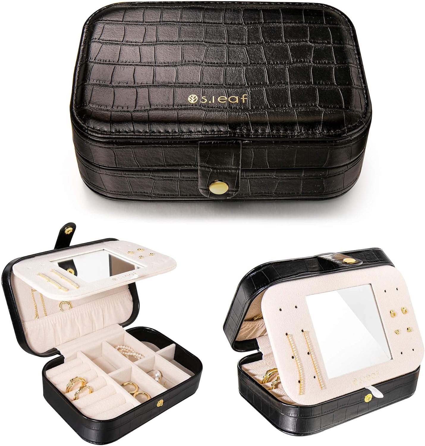 S.Leaf Travel Jewelry Organizer Travel Jewelry Boxes for Women Small Jewelry Travel Case Box Portable Travel Jewelry Case Travel Case Mini Jewelry (14_Crocodile_Black_Big)