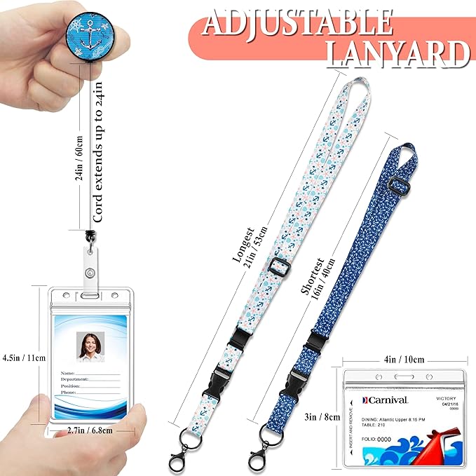 Kaptron Cruise Lanyard For Ship Cards: 2 Pack Adjustable Lanyard with Badge Reel Waterproof ID Holder & Phone Tether Tab
