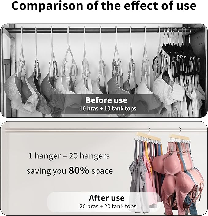 Bra Hangers for Closet Organizer,Tank Top Hanger with 20 Hooks,Space Saving Wooden Adjustable Hangers,Closet Organizers and Storage Suitable for Dorm,Apartments (1, Wood)