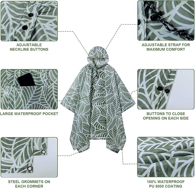 Hooded Rain Poncho for Adults - Waterproof Rain Coat and Lightweight Jacket 3-in-1 Multi-Function with Pockets