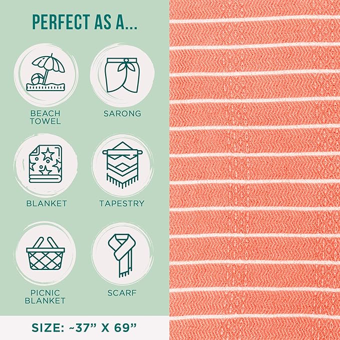 Sand Cloud Turkish Beach Towel - Sand Proof - 100% Certified Organic Turkish Towel - Quick Dry Towel for Beach, Picnic, Blanket or Bath Towel - As Seen on Shark Tank - Gocek (Coral) (Pack of 2)