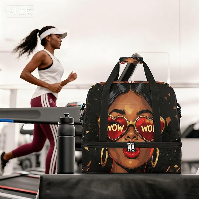 Foldable Travel Duffel Bag for Women - Carry on Personal Item Bag with Shoes Compartment, Weekender Overnight Duffle Bags Sport Tote Gym Luggage for Airplanes(Black Women Wow)