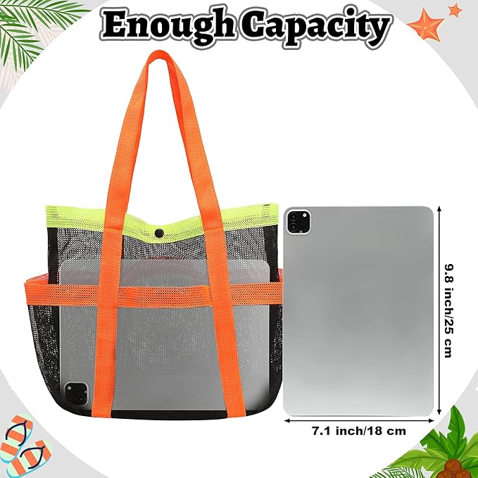 Mesh Beach Bag, Foldable Waterproof Sandproof Beach Storage Tote with 6 Pockets, Swim Tropical Vacation Pool Essential