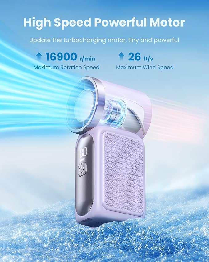 Gaiatop Portable Handheld Mini Fan, 6 Speeds 16900 RPM High Velocity Personal Fan with LED Display, USB Rechargeable, Mini Fan with Lanyard for Makeup, Travel, Outdoor, for Women Girl Gift, Purple