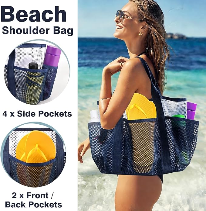 Genteen Mesh Beach Bag, Waterproof Lightweight, Beach Tote with Zipper Pocket for Family Pool Bag for Toys & Vacation Essentials-Blue