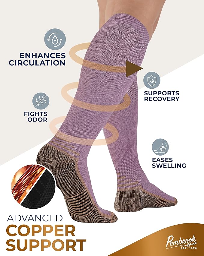 Pembrook 3 Pairs Copper Mens Compression Socks 20-30 mmHg, Running, Hiking, Athletic Cycling, Travel | Circulation Support