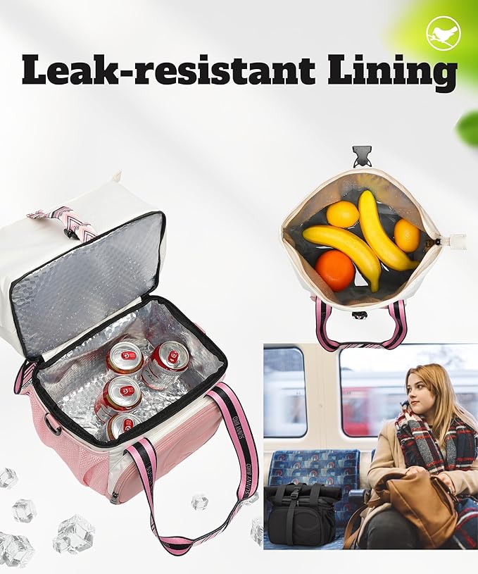 SUNNY BIRD Dual Compartment Lunch Bag Insulated Lunch Box for Women and Men (White and pink)