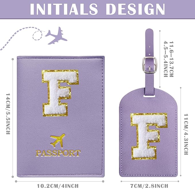 COSHAYSOO Purple Passport Cover and Luggage Tag Set TSA Approved with Her Initial Chenille Letter Patch, Monogrammed Travel Bag Backpack Suitcase Identifier Gifts for Mom Women Teacher (F)